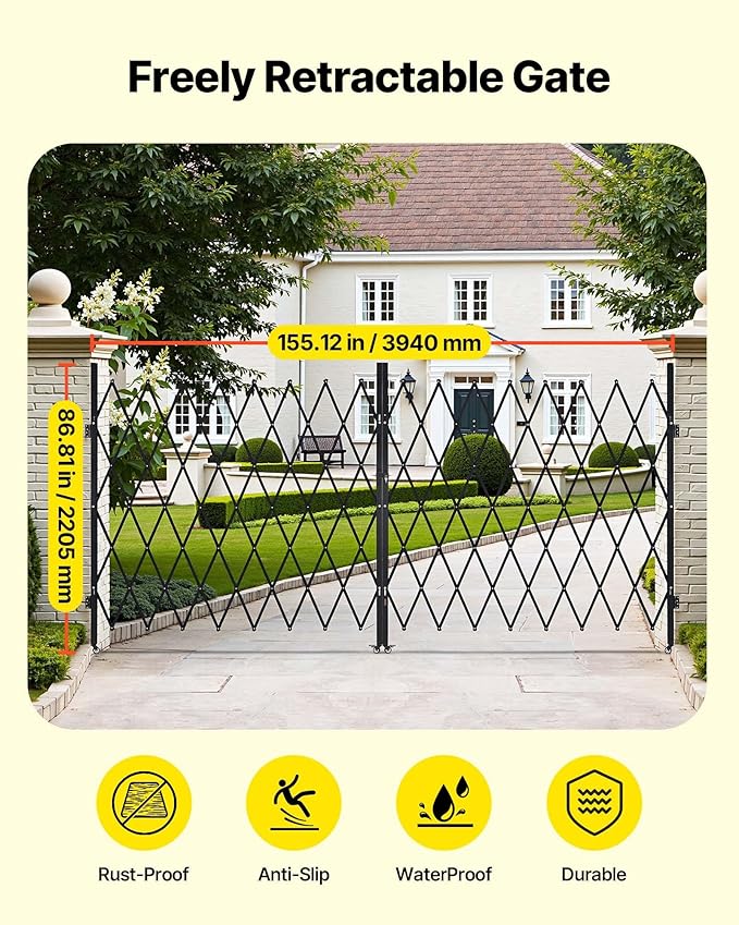 VEVOR Double Folding Security Gate, Lockable Scissor Gate with 360° Swivel Casters, Outdoor Barricade Steel Retractable Gates, for Entry Security, Garage, Warehouse & Pool, 155.12 x 86.81 in (W x H)