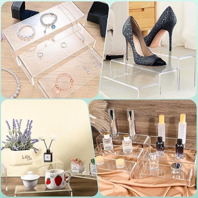 6 Pcs Large Acrylic Display Risers, 12" Large Risers Display Stands, 2 Sets Thickened to 0.19" Clear Rectangular Display Shelf for Figures, Jewelry, Perfume, Showcase, Collectibles, Dessert