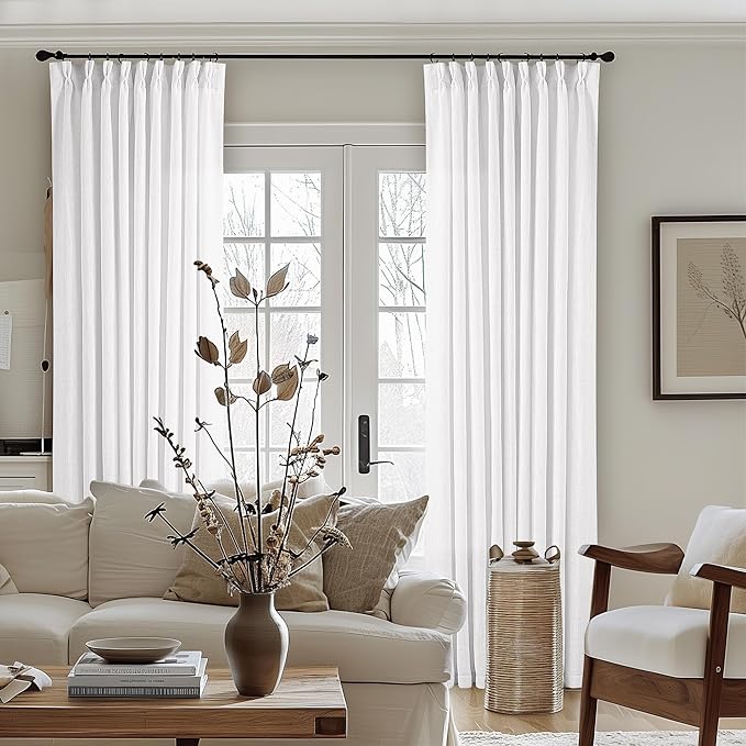 Pleated Linen Curtains 120 Inches Long 60 Inch Width Extra Wide for Living Room Bedroom White Semi Sheer 120 Inch Length Back Tab Hooks Rings Pinch Pleat Curtains for Patio Glass Door 1 Panel