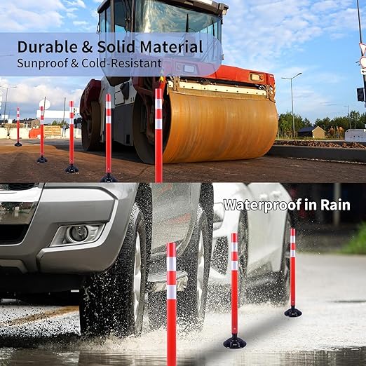 BESEA 8PCS 36" Traffic Delineator Posts with Detachable Base & High-Visibility Reflective Collars,Orange Flexible Safety Cones for Driveway, Parking Lot, Roadway, and Work Zone