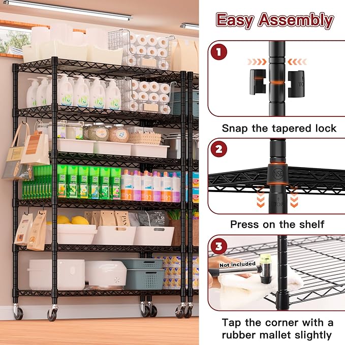 PrimeZone 6 Tier Wire Shelving with Wheels 79''H 1500lbs Storage Shelves NSF Certified Heavy Duty Steel Metal Shelf Adjustable Rolling Rack Kitchen Garage Closet Pantry Laundry 79''HX36''WX16''D