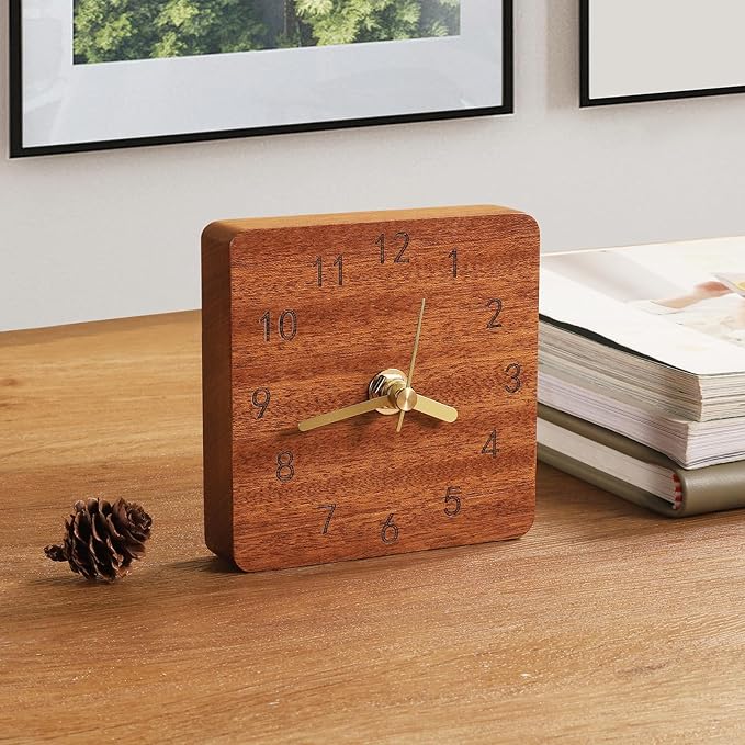 Wooden Table Clock on Stand, Decorative Battery Operated Desk and Shelf Clock, Silent Non-Ticking Desktop Clock for Office, Living Room or Bedroom Decor, Square Shape, Sapele Wood
