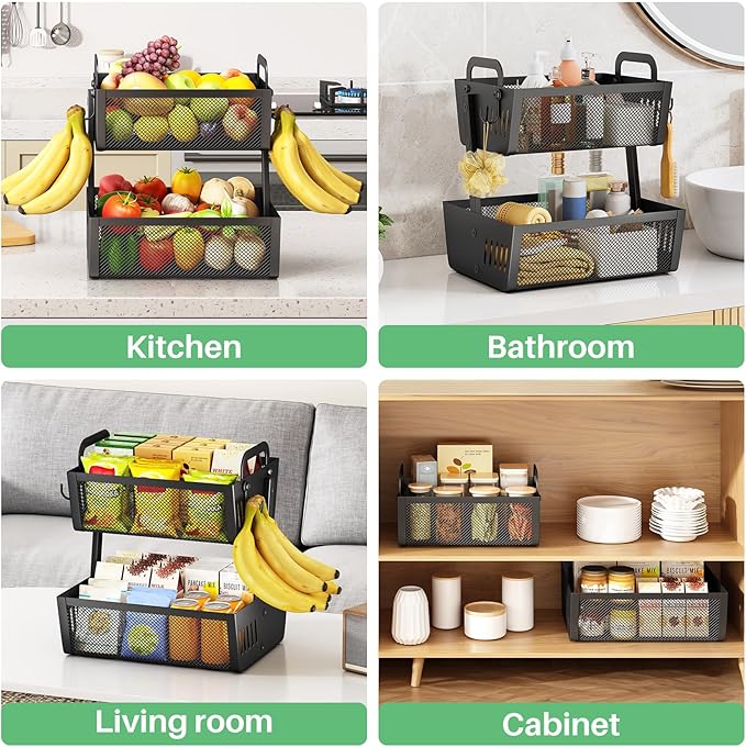 SAYZH Fruit Basket Bowls For Kitchen Counter with Banana Hangers - Detachable Metal Mesh Basket Fruit Stand with Handle - Kitchen Vegetables Bread Snacks Storage Organization, 2 Tier Black