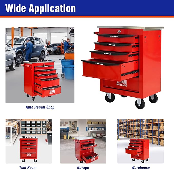 5 Drawers Tool Cart on Wheels with Stainless Steel Worktop, Heavy Duty Mobile Rolling Drawer Tool Chest with Locking Wheels & Lockable Drawers, Garage Tool Storage Cabinet (Red, 5 Drawers)
