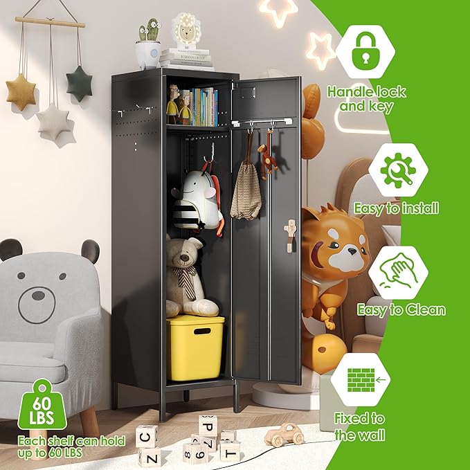Aobabo 54" H Lockable Metal Storage Lockers with, Steel Locker Cabinet with Metal Hooks and 1 Adjustable Shelf for Home, School,Office, Assembly Required, Black