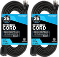 13 Amp Outdoor Extension Cord 25 ft, 2 Pack, 16/3 SJTW 25 Foot Black Extension Cord 3 Prong Multi Pack, Weatherproof ExteriorPower Cable for Outdoor Lights, Landscaping, Lawn, UL Certified