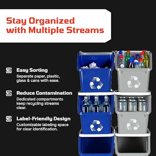 Multi Bin Recycling System with Three Stackable 6 Gallon Recycle Bins to Build Your Recycling Center for Offices, Kitchen, Garages, Businesses - (Red, 3 Pack)