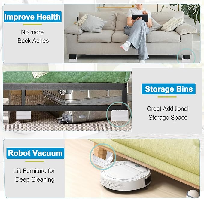Bed Risers 1 inch, 2 inch, 3 inch, 4 inch Heavy Duty, Adjustable Furniture Riser for Table Desk Couch Sofa Chair Recliner Leg Frame Dorm, Stackable Bed Raisers Blocks (White 4 Pack, 1+1+1 inch)