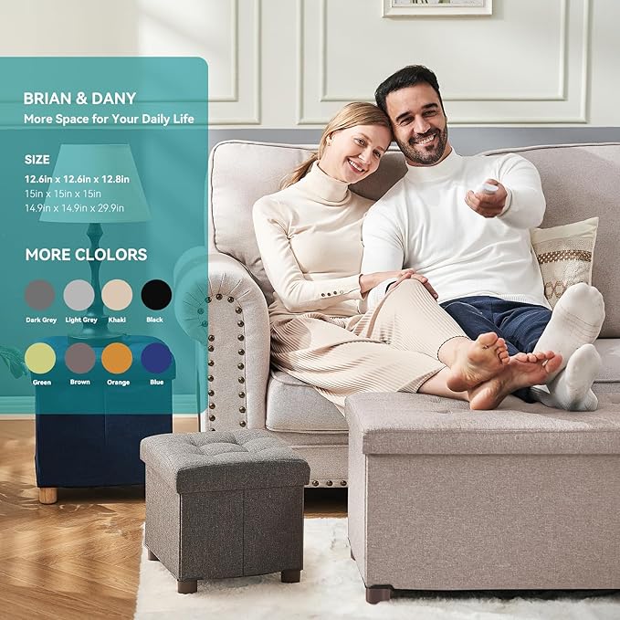 BRIAN & DANY Small Ottoman with Storage, Small Storage Ottoman, Folding Foot Stool with Wood Legs for Living Room and Bedroom Linen Rest Seat, 12.6"x12.6"x12.8" - Beige