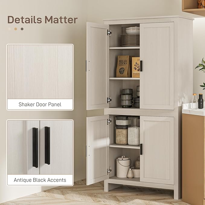 HOMCOM 64" Kitchen Pantry Cabinet, Freestanding Storage Cabinet with 4 Doors and 3 Adjustable Shelves for Dining Room, Antique White