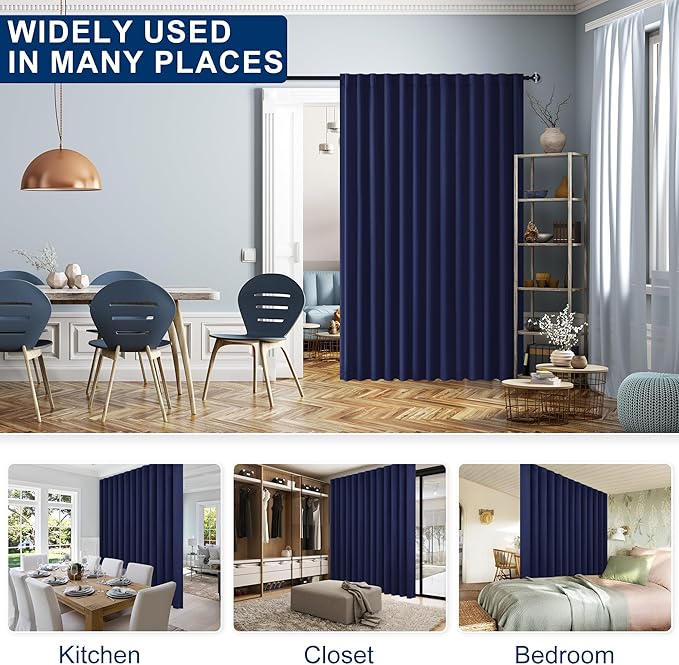 Hiasan Blackout Patio Sliding Door Curtain Extra Wide Thermal Insulated Blind Privacy Room Divider Curtain with Back Tab & Rod Pocket for Bedroom Partition Glass Door (100 x 84 Inches, Navy Blue)