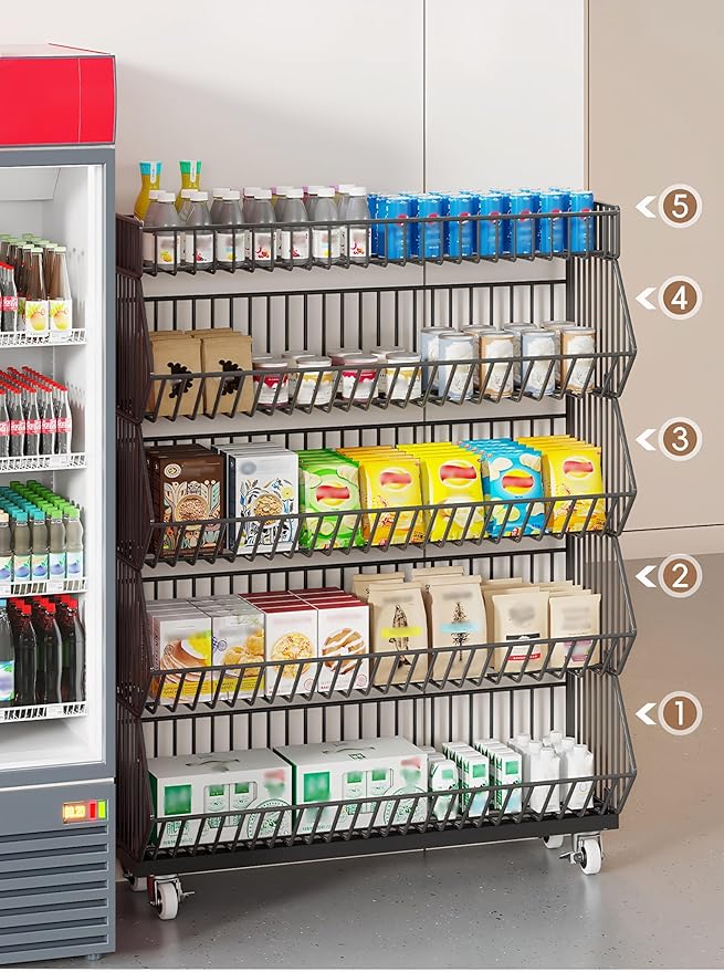 5-Tier Slanted Rolling Retail Display Rack with Locking Wheels | Heavy-Duty Metal Snack & Chip Display Stand for Grocery Stores, Supermarkets, Bakery | Space-Saving Store Organization Shelf