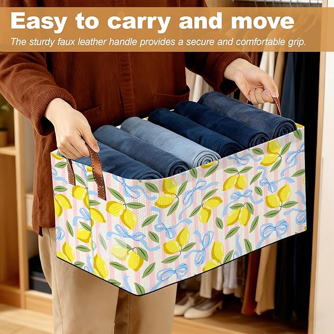 32L Large Storage Bins with Handles, Watercolor Fruit Basket Organizer for Shelves, Closet, Books, Laundry & Home Decor (Lemons)