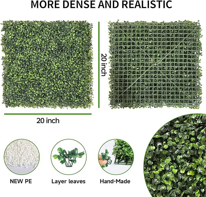Artificial Grass Wall Panels, 12 PCS 20x20 inch Boxwood Hedge Wall Panels with 100 Zip Ties, Boxwood Panels Backdrop for Outdoor Indoor Decorative Garden Fences Backyard Patio Privacy Hedge
