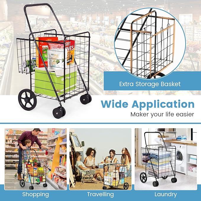 HOMGX Flat Folding Shopping Cart, 130 LBS Heavy Duty Utility Cart W/ 360° Swivel Front Wheels, 24" x 23" x 40" Foldable Grocery Cart for Laundry, Shopping, Groceries