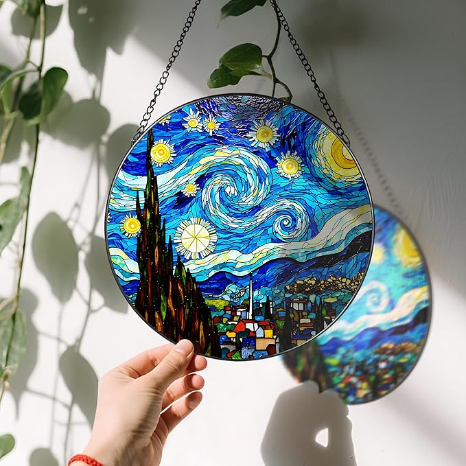 8'' Van Gogh Starry Night Sun Catcher Ornament, Stained Glass Window Hanging, Sun Catchers for Windows Hanging Ornaments, Window Decor, Ideal Gift | Gifts for Art Lovers, Friends, Family