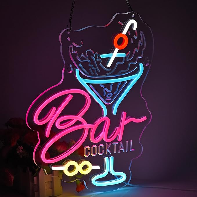 Cocktail Bar Neon Sign, Neon Lights Hanging Wall Art Decoration for Business Man Cave Bar Pub Night Club Party Bistro Beverage Restaurant, USB Powered Ultra Bright Dimmable, 15.75*11.8 inches