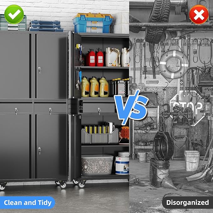 Metal Garage Storage Cabinet with 2 Drawers and 2 Adjustable Shelves, Rolling Tool Storage Cabinet with Wheels and Locking Doors for Garage, Warehouse, Black
