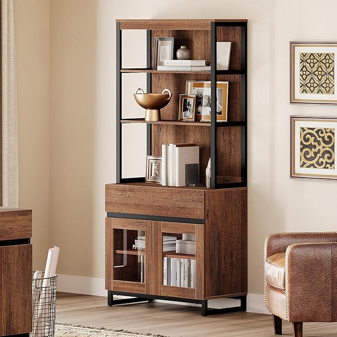 WAMPAT Modern 72" Tall Bookcase with Drawer and Open Book Shelfs, Library Book Shelf with Glass Doors Storage Cabinet, Wood Freestanding Bookshelf for Home Office, Living Room, Brown