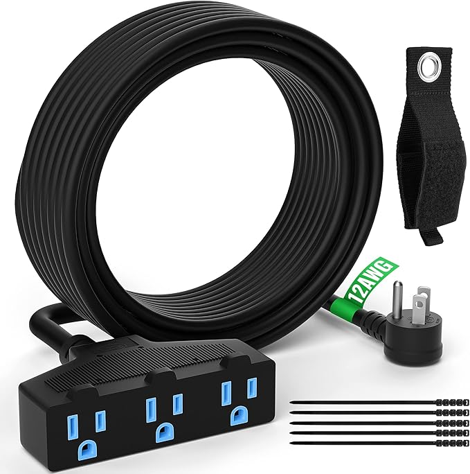 Outdoor Extension Cord 15 Ft with 3 Outlets, 12/3 SJTW 3 Prong Grounded Power Cord, 12 Gauge 12AWG Heavy Duty Power Cable, ETL Listed, 15 Amp 125 V 1875 W-Multiple Outlets for Indoor/Outdoor-Black