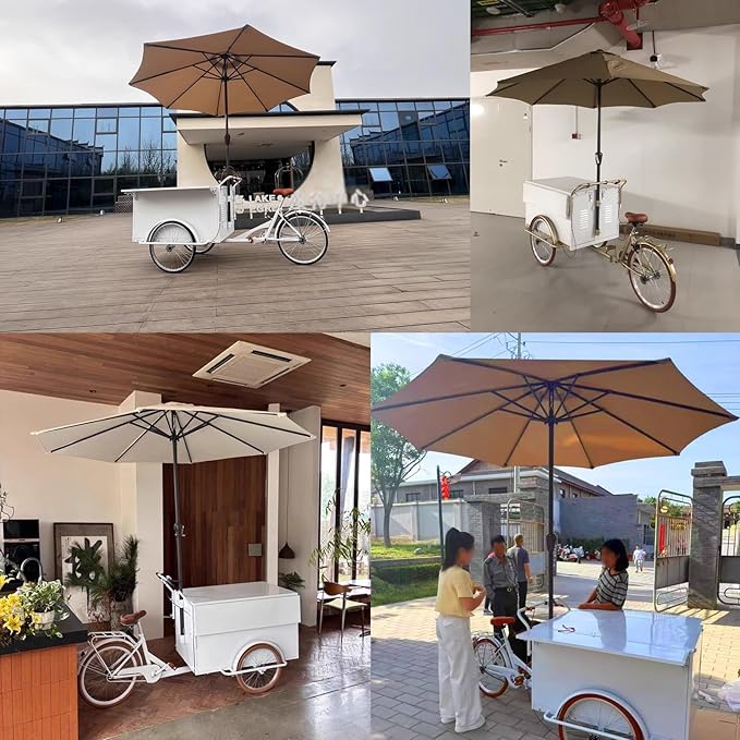 Mobile Vending Bicycle Cart, Food Display Stand with Parasol, Large Storage Space, Perfect for Shopping Malls, Events, Streets(Black)