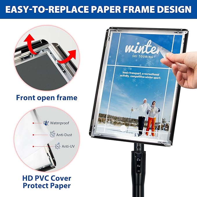 6Packs 11x17 Inch Adjustable Pedestal Poster Sign Stand, Heavy Duty Floor Standing Sign Holder Stand Aluminum Snap Open Frame for Vertical and Horizontal View Sign Displayed(Black)