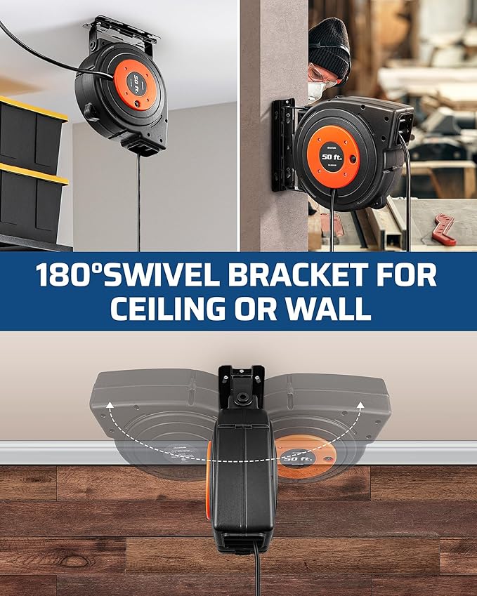 DEWENWILS 50 FT Retractable Extension Cord Reel with 6 Grounded Outlets, 14/3C SJTOW Heavy Duty Power Cord with New Twist-Lock Stopper, Lighted Triple Tap, 13A Circuit Breaker, ETL Listed