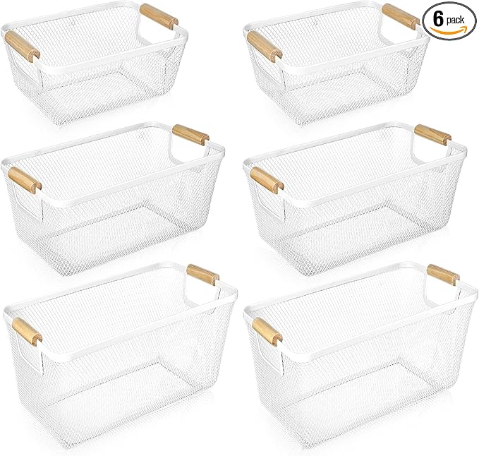 Maxcheck 6 Pack 3 Size Metal Wire Baskets Wooden Handles Steel Mesh Storage Bins Organizer Containers Gift for Home Cabinets Closet Kitchen Food Fruit Freezer Storage Rectangle (White)