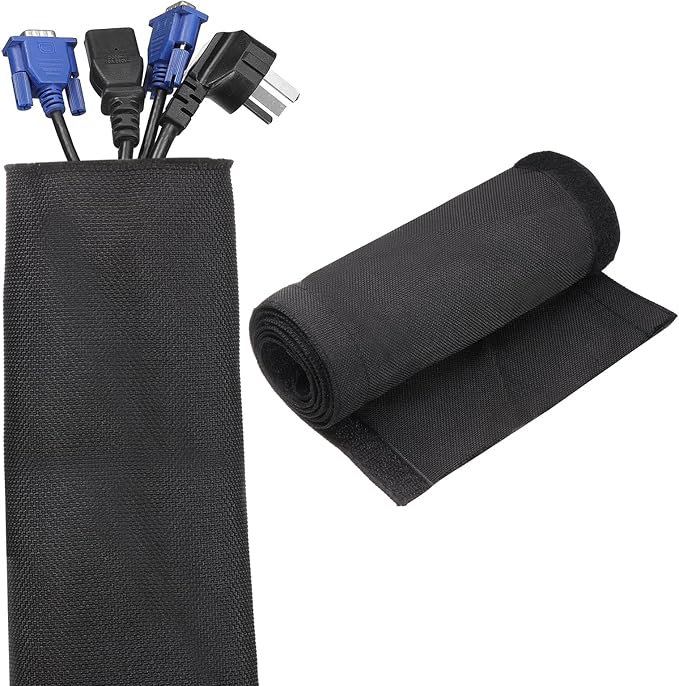 uxcell Hook and Loop Cable Management Sleeve, 6.6ft x 2 Inch Flexible Cable Wrap Cover Wire Hider, Cord Organizer and Cable Protector for Desk TV Computer, Black