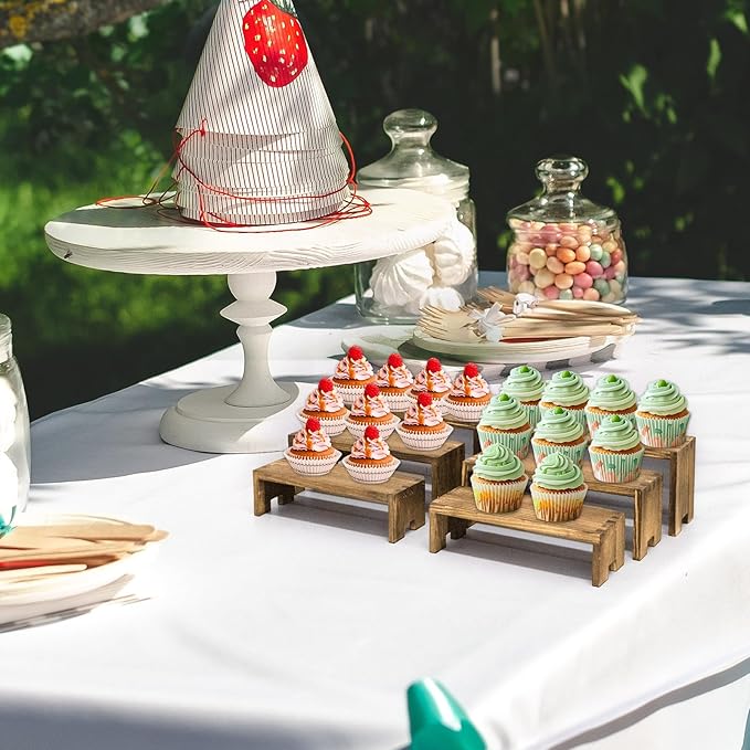 12Pcs Display Riser Wood Risers Cupcake Stand 3 Tier Racks Decorative Rectangular, 4 Set Cologne Perfume Organizer Dessert Stands for Vendors Event