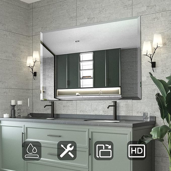 Mirrorons Beveled Mirror, Bathroom Mirrors for Wall 40" x 32", Frameless Rectangle Bathroom Mirror with Beveled Edge, Hangs Horizontally or Vertically, Upgraded Packing