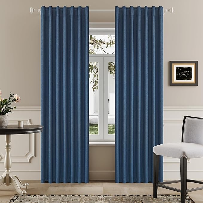 DUALIFE Faux Linen Blackout Blue Curtains 80 Inch Long,Farmhouse Back Tab Rod Pocket Curtains Room Darkening Thermal Insulated Drapes for Bedroom Living Room,W50 x L80,2 Panels