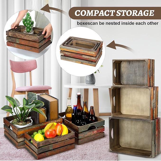 Barydat Set of 5 Wood Crates for Display Decorative Nesting Wooden Crate Storage with Handles Vintage Farmhouse Style Decorative Boxes Multipurpose Fruits Vegetables Boxes(Colored Drawing,Random)