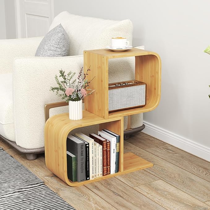 Giantex S-Shaped Bookcase, 2-Tier Bamboo Bookshelf with 2 Open Cubes, Geometric Corner Display Shelf, Decorative Storage Organizer, Floor Storage Rack for Living Room, Study, Home Office, Natural