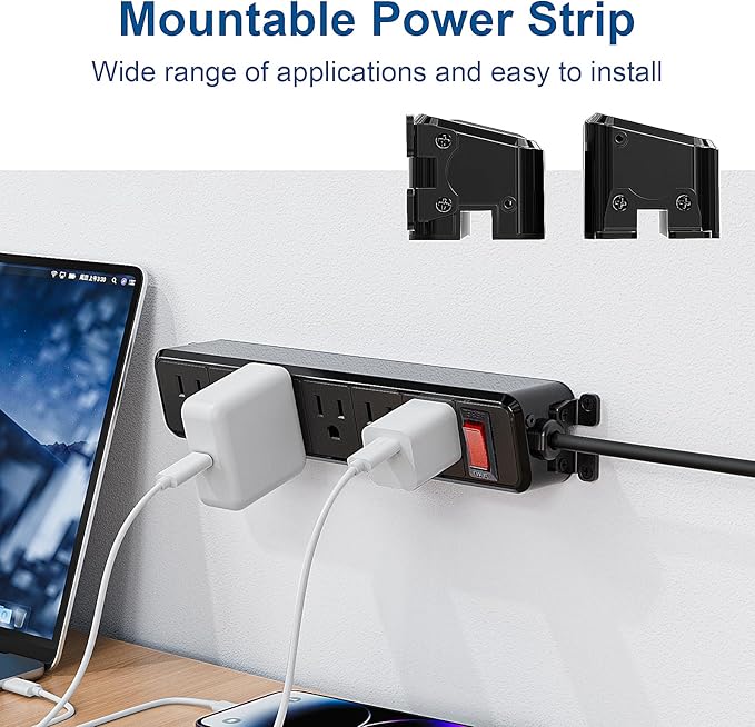 Wall Mount Power Strip,Flat Plug Power Strip with Switch,10ft Extension Cord,6 Outlets, Flexible Installation for Home, Office,and School,ETL Listed,Black (10ft,6 outlets)