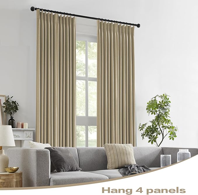 DUALIFE Taupe Blackout Pinch Pleated Curtains for Bedroom 132 Inch Length, Linen Blended Farmhouse 100% Blackout Thermal Insulated Back Tab Drapes with Hooks for Track System 2 Panels W40xL132
