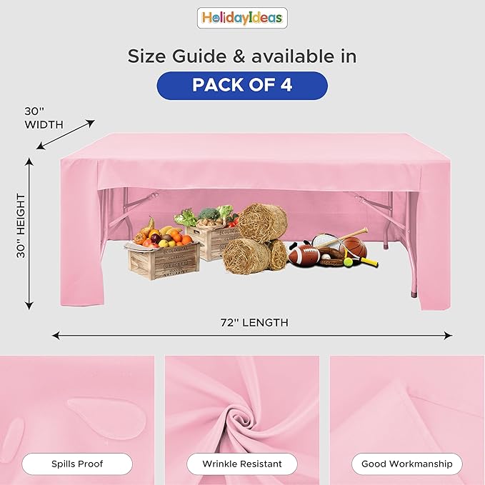 HolidayIdeas Open Back Fitted Tableclothss for 6 Foot Rectangle Table, Wrinkle Resistant Washable Table Covers 72x30 Inch for Craft Fairs, Banquets, Trade Show Display, Pink,4 Pcs