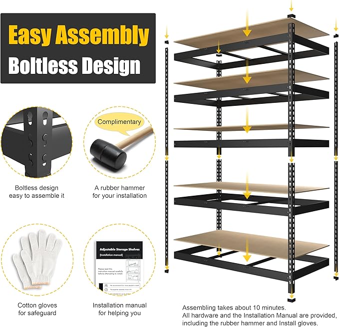 PrimeZone 48" W x 18" D x 72" H Garage Shelving Heavy Duty - Adjustable Metal Storage Shelves, 5 Tier Industrial Shelving Unit, Utility Shelf Rack for Basement, Warehouse, Pantry, Closet, Black, 3Pack