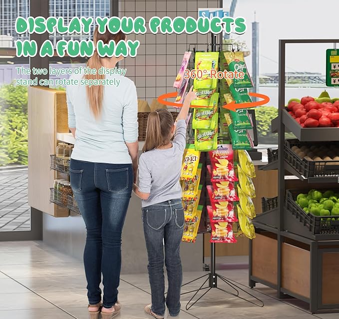 tonchean Rotating Retail Display Stand Racks 108 Clips, Spinning Potato Chip Snack Rack Display Stand with Sign Holder, 2 Tier Snack Shelf Organizer, Chip Bag Holder Snack Display Rack for Party