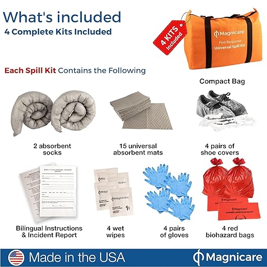 Universal Spill Kit OSHA Approved (4 Pack) - Biohazard Clean up Kit for Oil, Water & Chemicals | Absorbent Pads, Socks, PPE, Biohazard Bags in Bright Orange Duffel Bag - 4 Pack