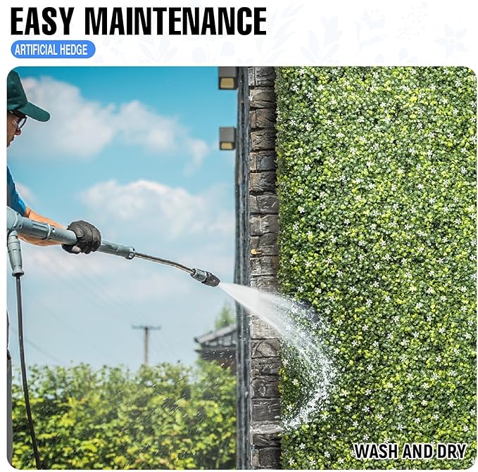 E&K 72" Wx36 Hx6 D Artificial Boxwood Hedge Wall with White Flowers, Artificial Outdoor Privacy Wall for Balcony Backyard Office, Indoor Divider Freestanding Greenery Backdrop