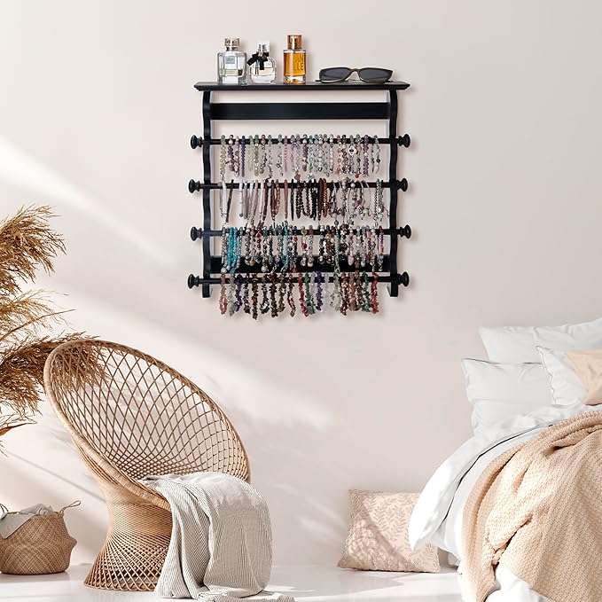 4-Tier Wall-Mounted Wooden Bracelet Holder – Black Jewelry Display with Storage Shelf, Hanging Organizer for Bracelets, Bangles, Watches, Necklaces & Accessories – Space-Saving Jewelry Rack for Home