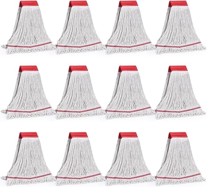 Matthew Cleaning Commercial Mop Head Replacement, 5 Inch Wide Headband, Looped End Cotton Blend String Wet Mops for Floor Cleaning, 18 oz Medium, Case Pack 12 Pcs White