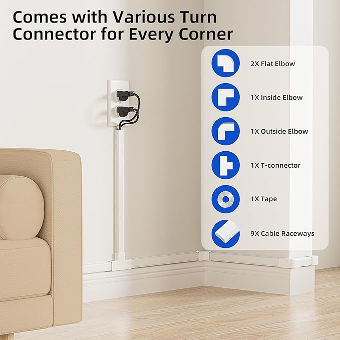 Delamu Cord Hider Cover, 142in TV Cable Concealer Kit for Wall Mounted TV with Management 2-3 Wires, Paintable Cable Cover for Floor, Easy Install, W 0.94 H 0.47in, White