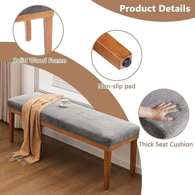 Rowill 53 Inch Long Entryway Bench for Bedroom End of Bed, Dining Room Bench with Upholstered Padded Seat and Solid Wood Leg for Kitchen, Living Room, Indoor and Hallway, Gray