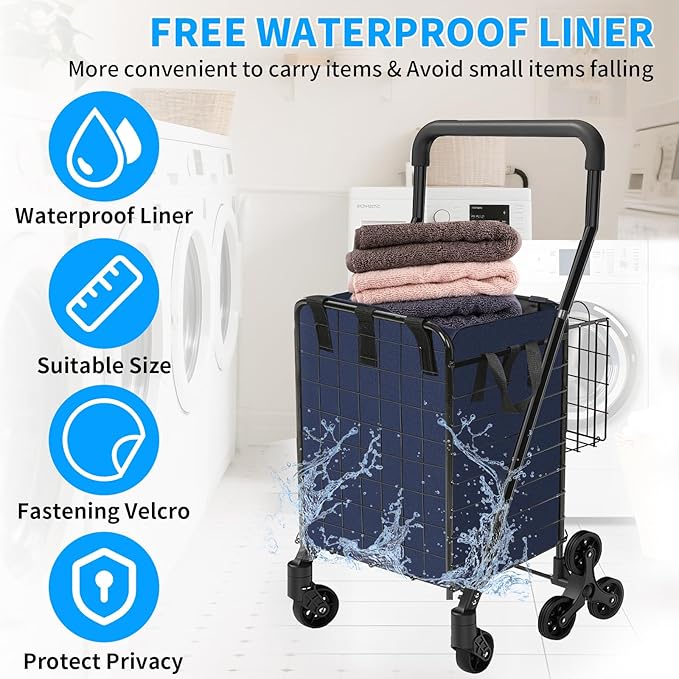 Folding Shopping Cart with Waterproof Liner, Heavy-Duty Stair-Climbing Grocery Cart with 360° Swivel Wheels - Extended Foam Handle - Utility Trolley for Laundry, Travel, Shopping (Blue)