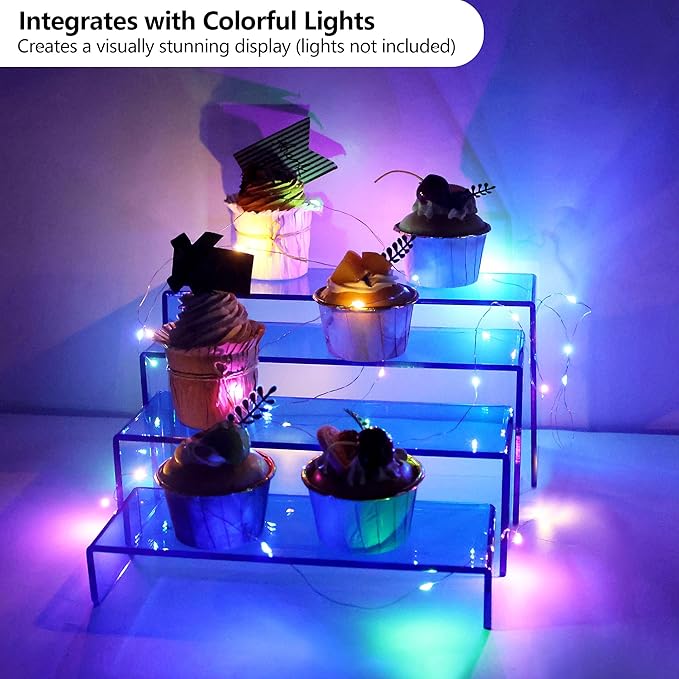 ELEGANTLIFE Acrylic Display Riser,4.3mm Heavy Duty Crystal Display Stand Shelf Layered Aesthetic, Jewelry Display Shelf Risers for Décor,4 Pack Set Multi-color (Blue)