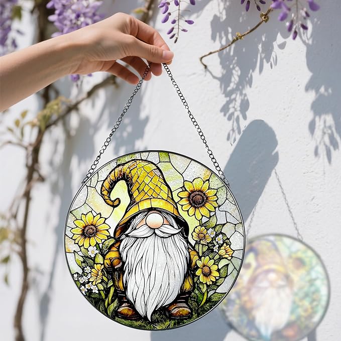 8″ Stained Glass Window Hanging Ornament, Sunflower Gnome Stained Glass Suncatcher Ornament, Sun-Catcher Window Decor | Christmas & Birthday Gifts, Festival Gifts | Gift for Her