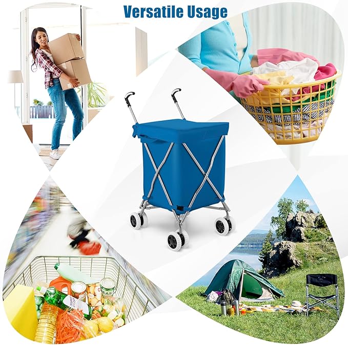 GOFLAME Folding Shopping Cart on Wheels, Waterproof Grocery Cart with Removable Cover and 360° Swiveling Wheels, Collapsible Utility Cart for Groceries and Laundry, 120LBS Load Capacity, Blue