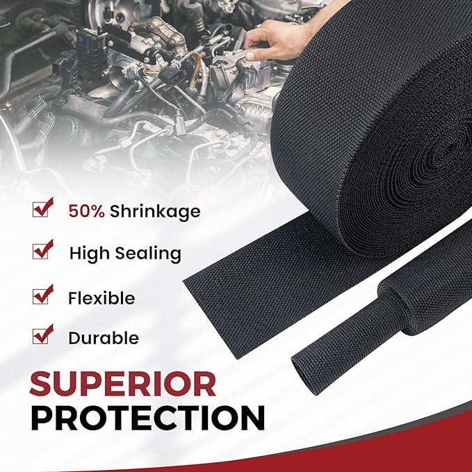 Heat Shrink Wire Loom 2:1 Shrinkable Braided Cable Sleeve 1/2 Inch ID-46ft Abrasion Protection Flexibility Fabric Wiring Harness Cover Sheath